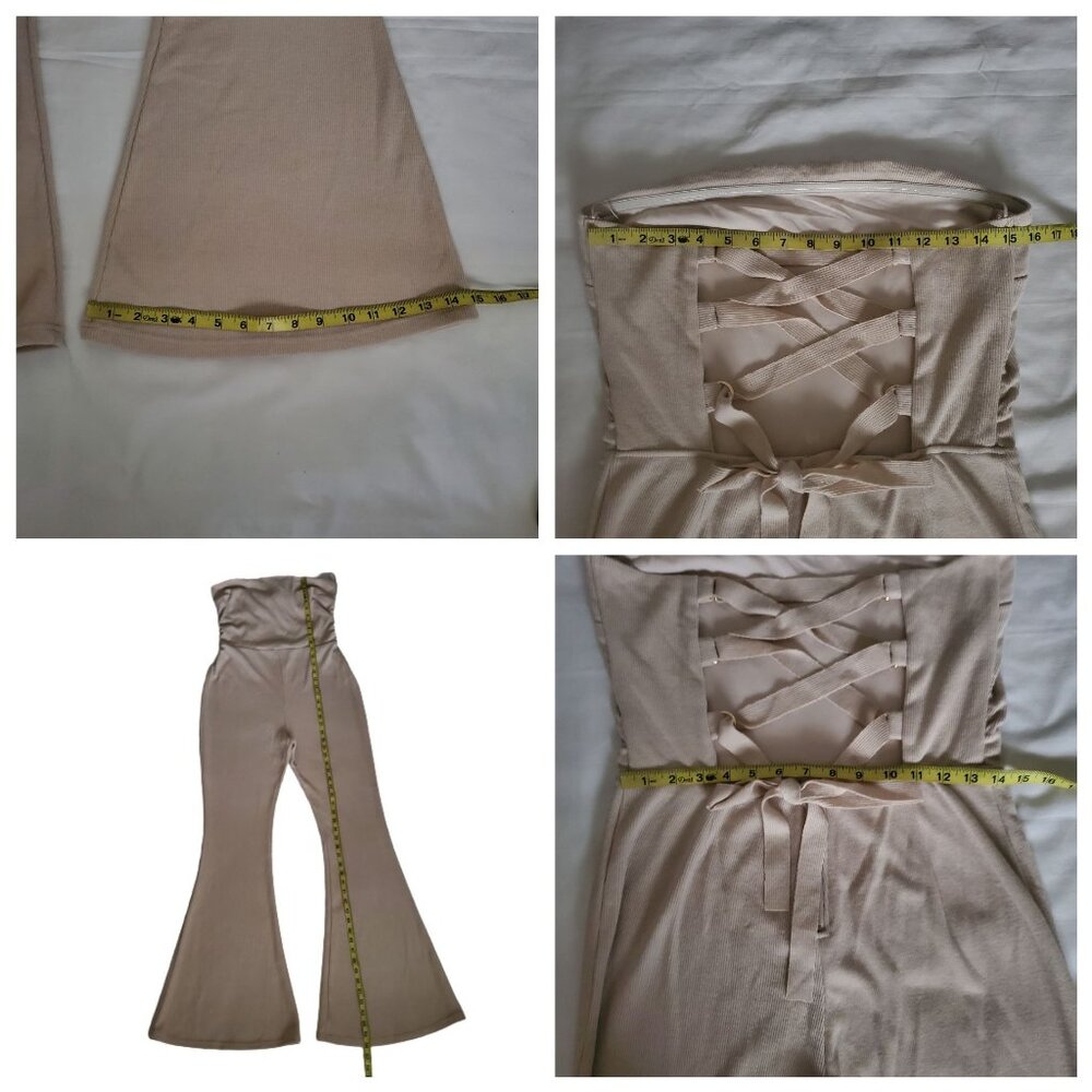 Fashion Nova Beige Bandeau Top‎ Corset-Style Back Flare Leg Jumpsuit Size Large - Picture 7 of 12